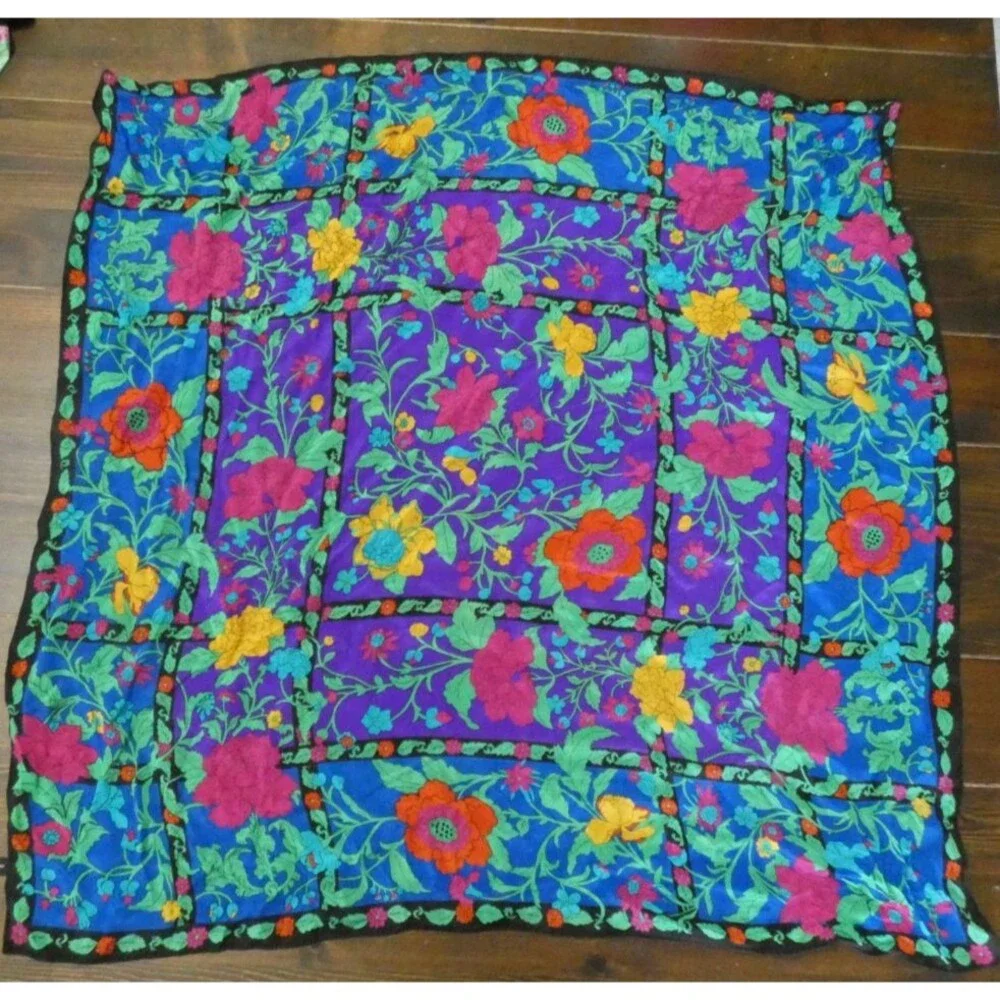 Vintage Japan Hand Rolled Silk Scarf Bright Multicolored Floral Black 30